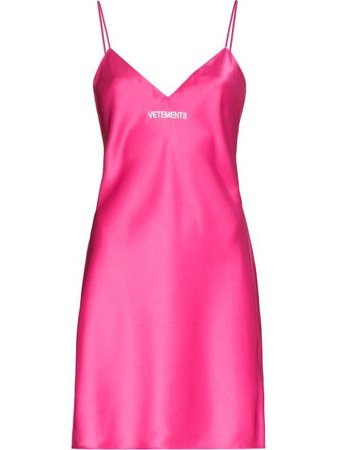 Shop pink VETEMENTS logo-print mini slip dress with Express Delivery - Farfetch