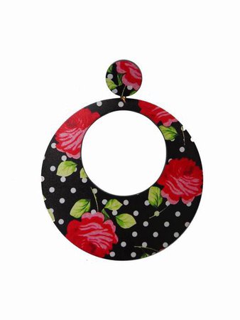 Super Large Flamenco Hoop Earrings in Black with Red Roses and White Polka Dot
