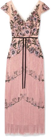 Fringed Embellished Embroidered Tulle Midi Dress - Blush