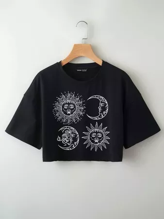 Moon And Sun Print Crop Tee | SHEIN USA black