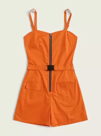 Neon Orange Zip Detail Belted Cami Romper | SHEIN UK