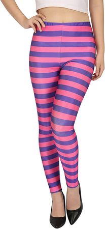 HDE Women Purple Pink Stripe Leggings Cheshire Halloween 5K Theme Pants Workout Tights - M