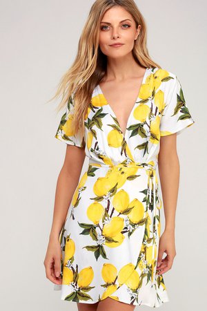 Flirty White and Yellow Lemon Print Dress - Lemon Wrap Dress