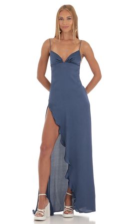 Siobhán Satin Ruffle Maxi Dress in Blue | LUCY IN THE SKY