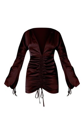 Black Satin Plunge Ruched Front Dress | PrettyLittleThing