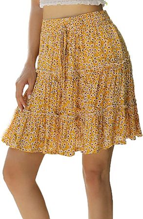 WenaZao Women’s Summer Boho Mini Skirts Swing Elastic Waist Ruffle Pleated Skater Skirt Yellow at Amazon Women’s Clothing store