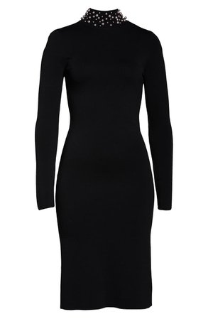 Eliza J Imitation Pearl Neckline Long Sleeve Sweater Dress black