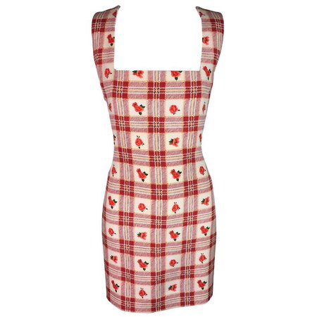 Atelier Versace Silk Gingham Plaid Floral Pinafore Mini Dress, S/S 1994 For Sale at 1stdibs