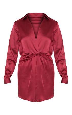 Katalea Burgundy Twist Front Silky Shirt Dress | PrettyLittleThing