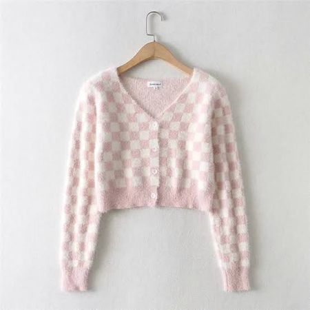 pink checkered cardigan