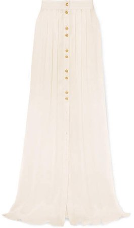 Button-embellished Pleated Crinkled Silk-satin Maxi Skirt - White
