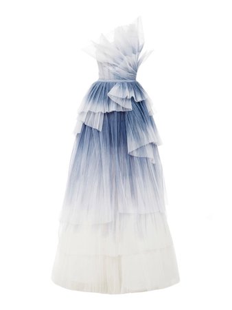 blue and white strapless gown