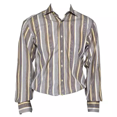 Etro Yellow and Navy Blue Striped Cotton Button Front Shirt S For Sale at 1stDibs