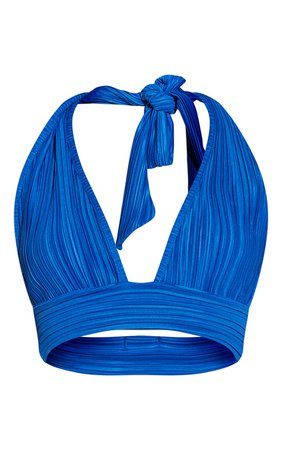 Bright Blue Plisse Halter Bralet | Tops | PrettyLittleThing USA