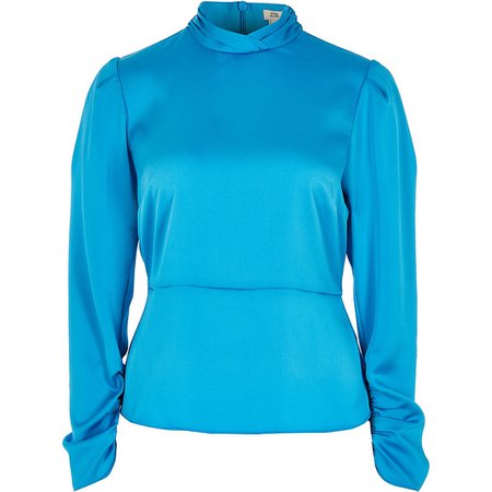 Bright blue high twisted neck blouse | River Island