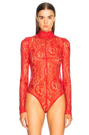 Givenchy Lace Long Sleeve Turtleneck Bodysuit in Red | FWRD