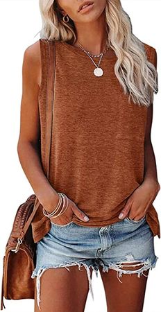 MIROL Women's Sleeveless Tank Tops Basic Loose Tunic T Shirts Batwing Sleeve Solid Color Casual Tee with Pocket Brown at Amazon Women’s Clothing store