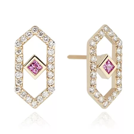 Gianna Stud Earrings with Diamonds and Pink Sapphire in 14k Yellow Gold by Gigi Ferranti