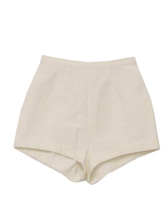 70's Catalina Shorts: 70s -Catalina- Womens white high waist polyester and cotton short shorts with back button/zip closure and darted front and rear.