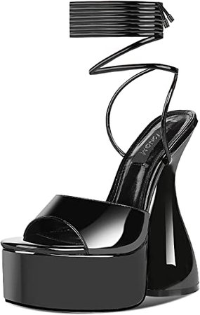 Amazon.com | ISNOM Black Platform Heels Sandals for Women, Sexy Stripper Heel Womens Chunky Block Heel Lace Up Peep Toe Heeled Sandals Shoes for Female Ladies | Heeled Sandals