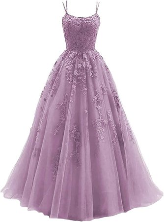Amazon.com: Kibbih Women's Lace Appliques Prom Dresses Long Spaghetti Strap Ball Gowns Tulle Formal Dress for Party-Lavender-US6 : Clothing, Shoes & Jewelry