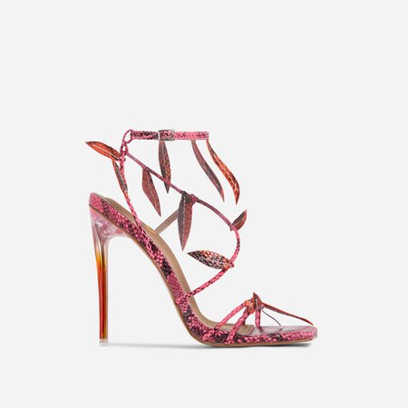 Whisper Leaf Detail Square Toe Perspex Heel In Pink And Orange Croc Print Faux Leather | EGO