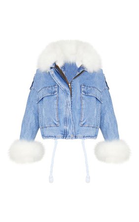 Blue Faux Fur Trim Denim Jacket | PrettyLittleThing
