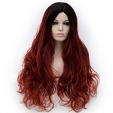 Alacos Synthetic 75CM Long Curly Rainbow Color Ombre Halloween Costumes Cosplay Harajuku Wigs for Women Lady Girl +Free Wig Cap (Black Ombre to Dark Red)