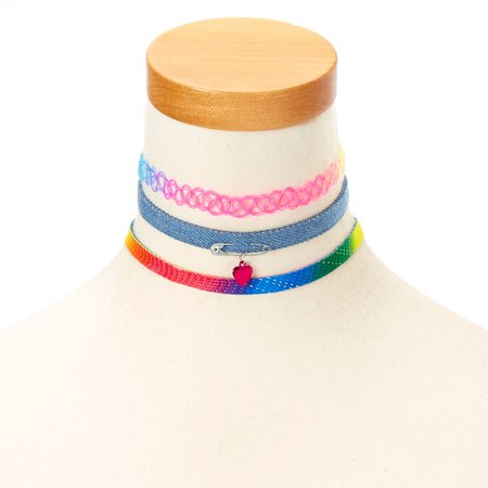 Rainbow Safety Pin Heart Tattoo Choker Necklace - 3 Pack | Claire's US