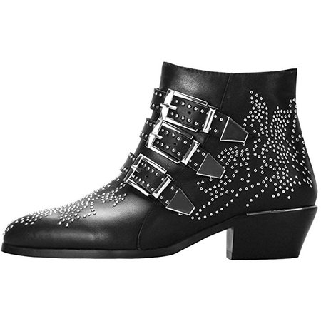 Amazon.com | Comfity Boots for Women, Women's Leather Boot Rivets Studded Shoes Metal Buckle Low Heels Ankle Studded Booties | Boots