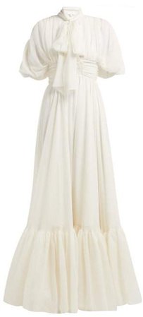 Pussybow Draped Silk Gown - Womens - White