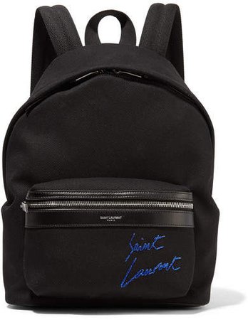 Leather-trimmed Embroidered Canvas Backpack - Black