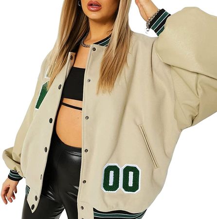 Amazon.com: Women's Oversized Y2k Baseball Jacket Casual Harajuku Retro Varsity Coat Letters Embroidery Pattern Button-Down Baggy Bomber Jacket (Apricot, Medium) : Clothing, Shoes & Jewelry