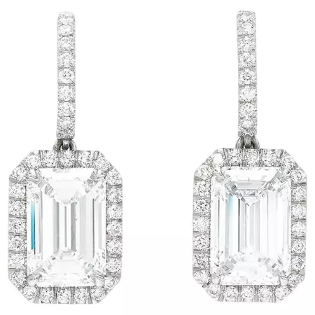 GIA Certified 10 Carat Emerald Cut Halo Platinum Diamond Dangle Earrings For Sale at 1stDibs