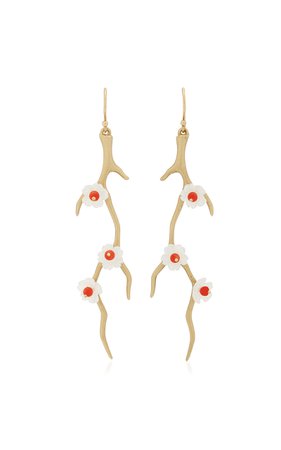 Blossom Branch 14k Yellow Gold Mother-Of-Pearl, Coral Earrings By Annette Ferdinandsen