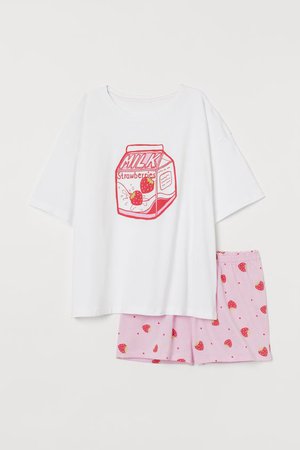 Pijama corto de dos piezas - Blanco/Leche de fresas - MUJER | H&M ES