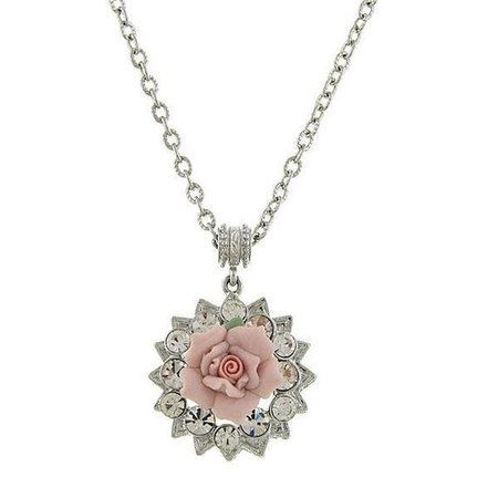 1928 Jewelry Silver-Tone Crystal and Pink Porcelain Rose Pendant Necklace