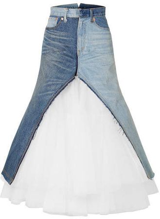 Paneled Denim And Tulle Maxi Skirt - Blue