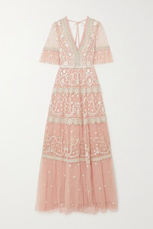 Midsummer Lace-trimmed Embroidered Tulle Gown - Baby pink