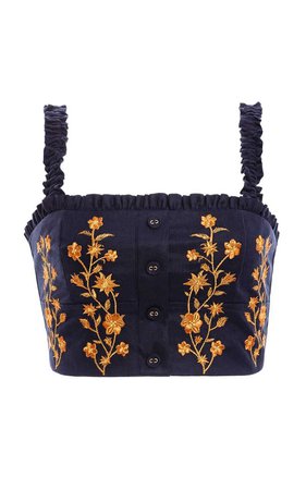 navy blue top with orange flowers