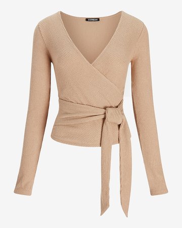 Ribbed Faux Wrap Tie Waist Long Sleeve Top | Express