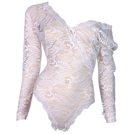 S/S 1991 Gianni Versace Sheer Ivory Plunging Lace L/S Bodysuit Top For Sale at 1stDibs