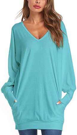 ZANZEA Women's V Neck Long Sleeve Casual Oversized Baggy Tops Loose Blouses Pullover Tunic Sweater Dress Light Cyan S at Amazon Women’s Clothing store
