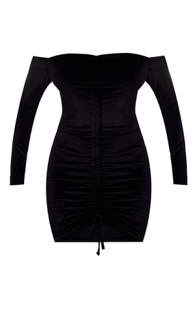 Black Velvet Long Sleeve Bardot Ruched Bodycon Dress | PrettyLittleThing