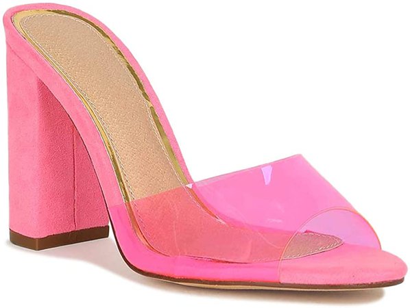 Amazon.com | Alrisco Women Translucent PVC Open Toe Chunky Heel Mule Sandal SC30 - Pink Faux Suede (Size: 5.5) | Mules & Clogs