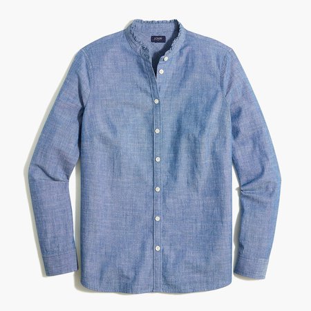 Chambray button-front top with ruffled collar