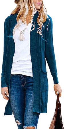 MEROKEETY Women's Long Sleeve Basic Knit Cardigan Ribbed Open Front Sweater with Pockets Teal at Amazon Women’s Clothing store