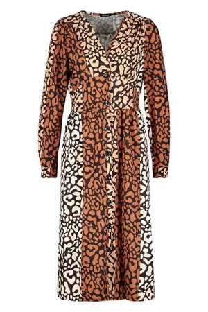Leopard Print Button Through Midi Dress | Boohoo brown