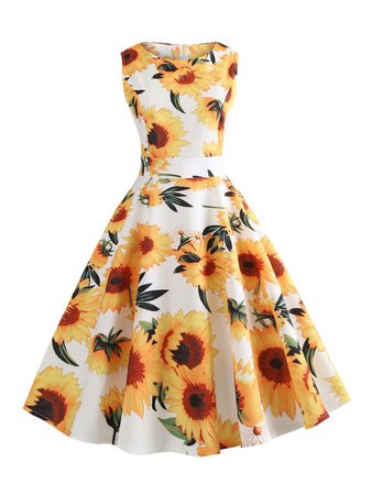 Yellow And White 1950s Sunflowers Dress – Retro Stage - Chic Vintage Dresses and Accessories