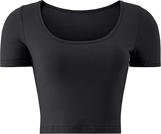 Workout Crop Tops for Women Sexy Trendy Cropped Summer Half Tshirts Scoop Neck Short Sleeve Basic Cami Top Shirt Loose Crop Tops for Women (Black,Large) at Amazon Women’s Clothing store